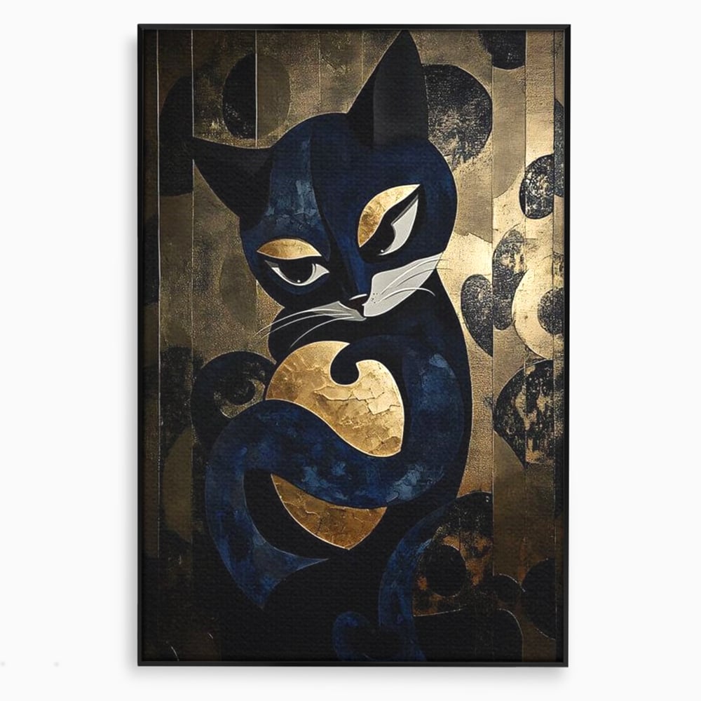 Tablou canvas cu tablou canvas cu pisica neagra si aurie, in rama de aluminiu negru